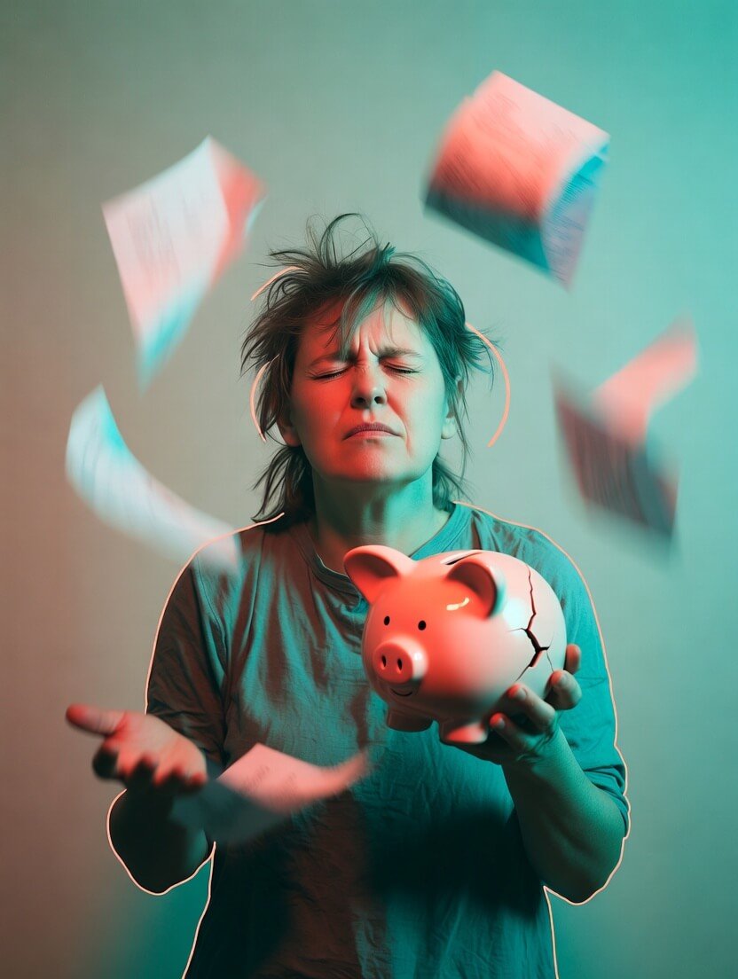 Stressed man juggling insurance papers and cracked piggy bank, neon glow