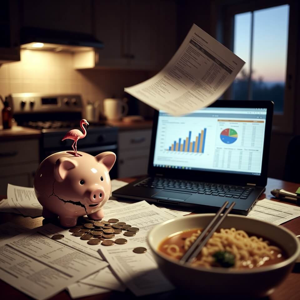 Cracked piggy bank, laptop quotes, ramen, and pink flamingo on messy table