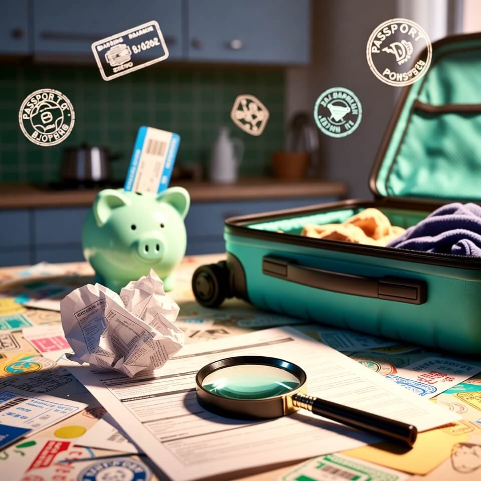 Cluttered table with suitcase, policy, piggy bank and stamps