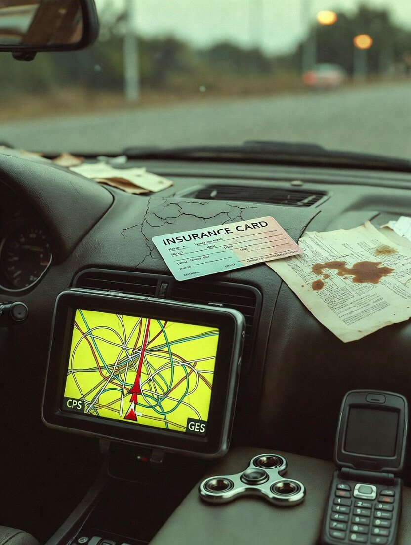 Cracked car dashboard with insurance card, GPS detour, fidget spinner