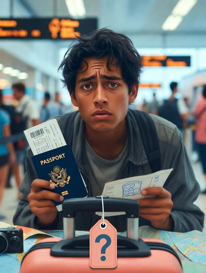 Stressed traveler on airport floor with spilled coffee and question marks