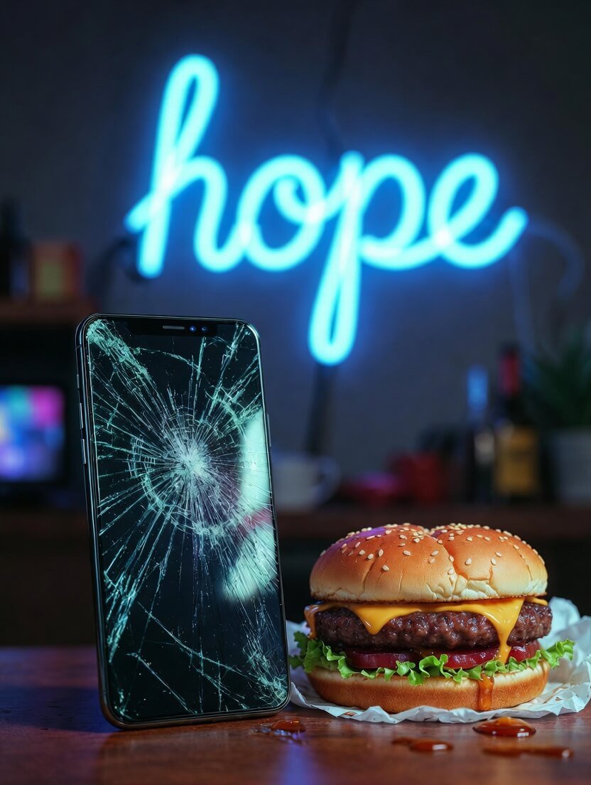 Cracked phone reflecting neon in dark car at night