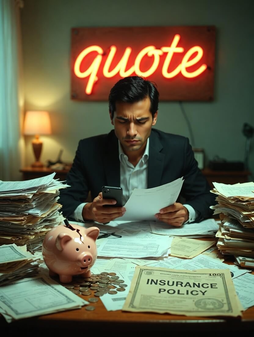 Chaotic desk with laptop insurance quotes and cat paw photobomb