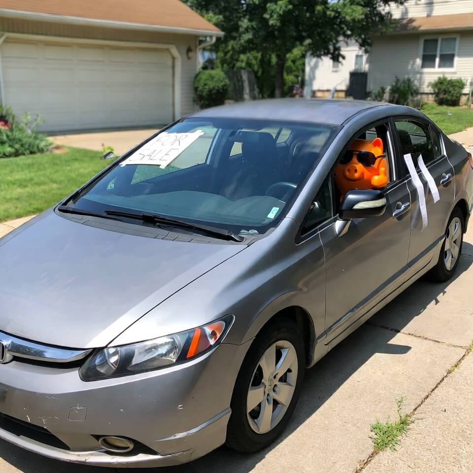 Weathered silver Honda Civic with "For Sale" sign and smug piggy bank
