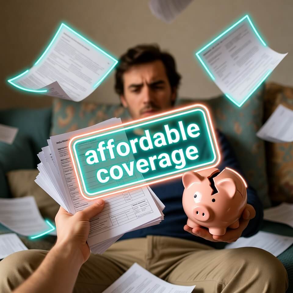 Stressed man juggling insurance papers and cracked piggy bank, neon glow