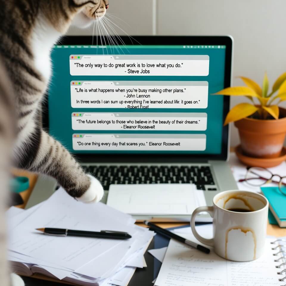 Chaotic desk with laptop insurance quotes and cat paw photobomb