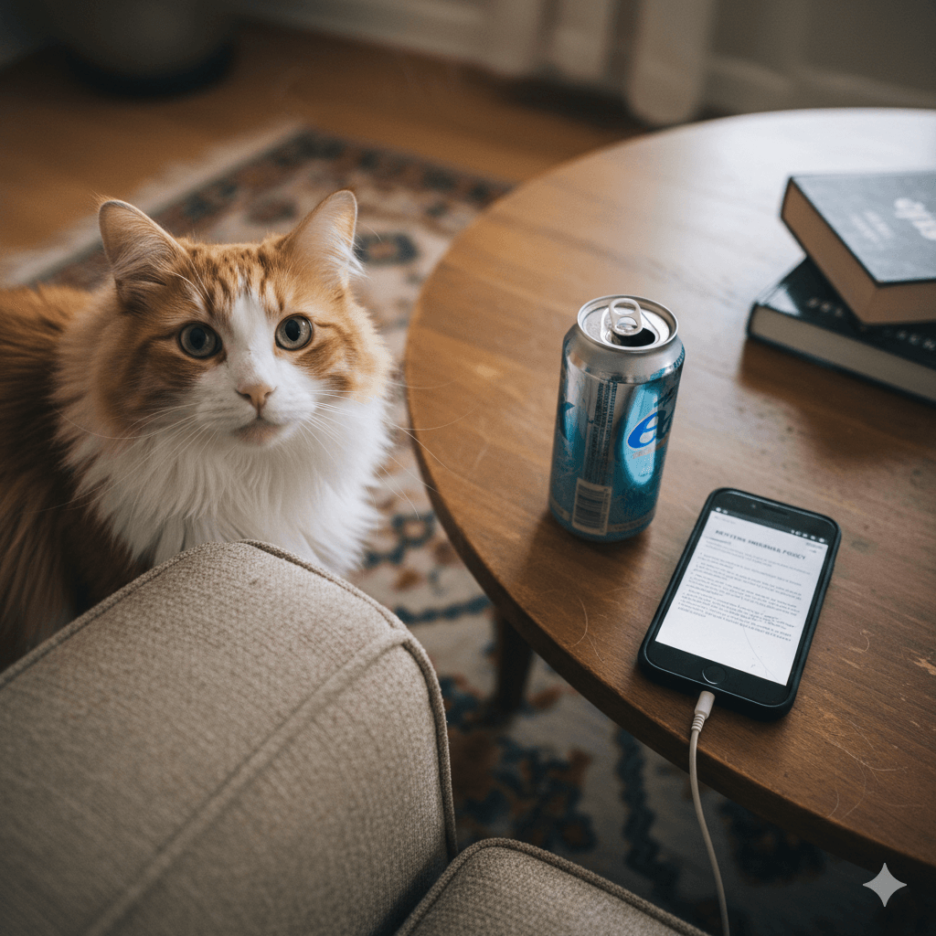 coffee table right now—half-drunk energy drink,