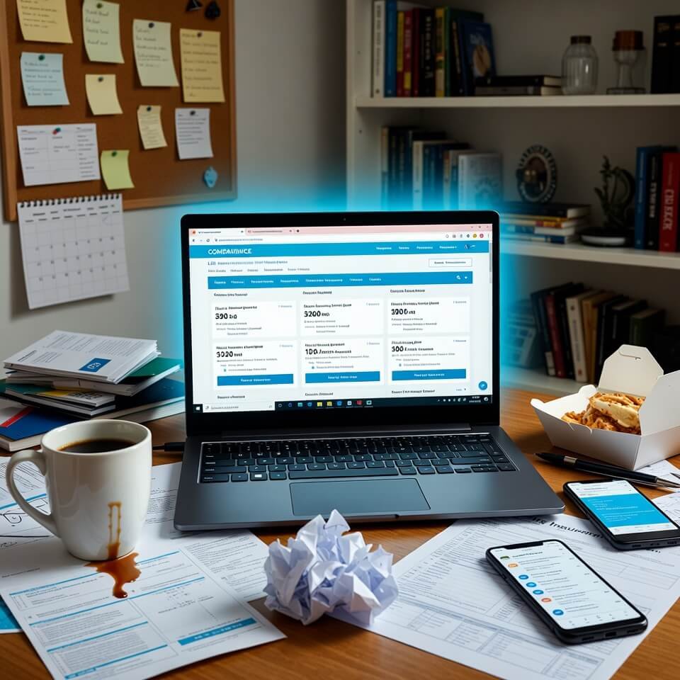 Messy desk with laptop showing life insurance quotes and spilled coffee