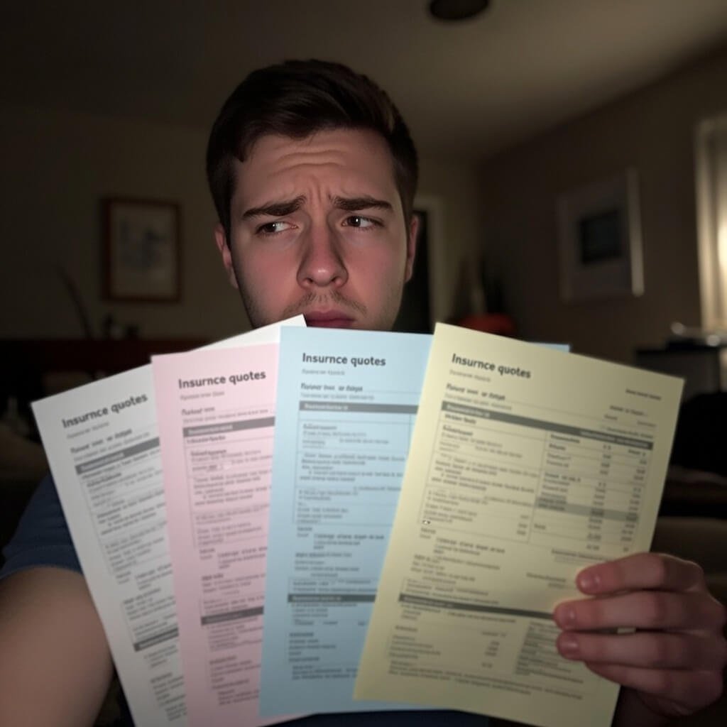 Confused selfie holding three colorful insurance quote papers