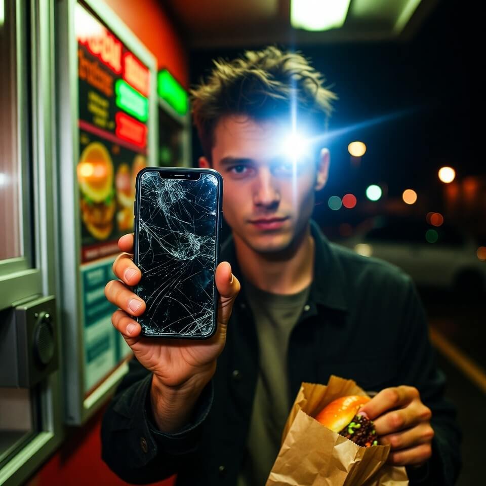 Embarrassed guy holding shattered iPhone at drive-thru window