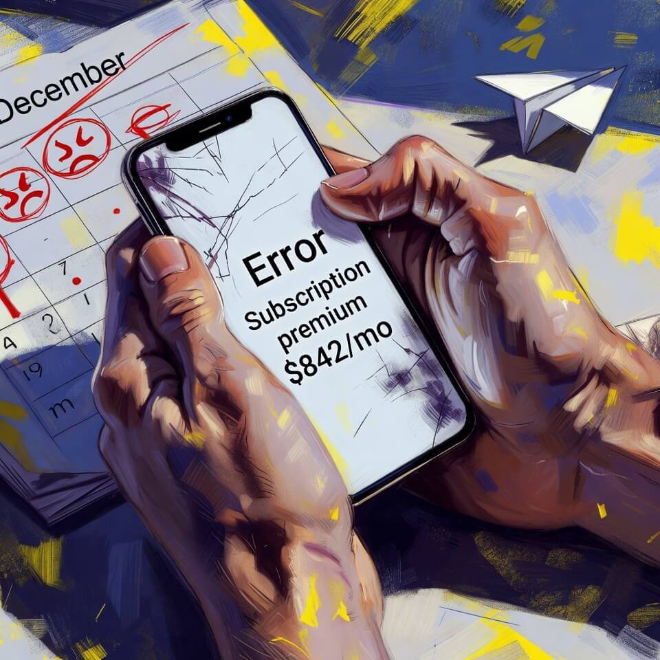 Nervous hands clutching cracked phone with high premium error