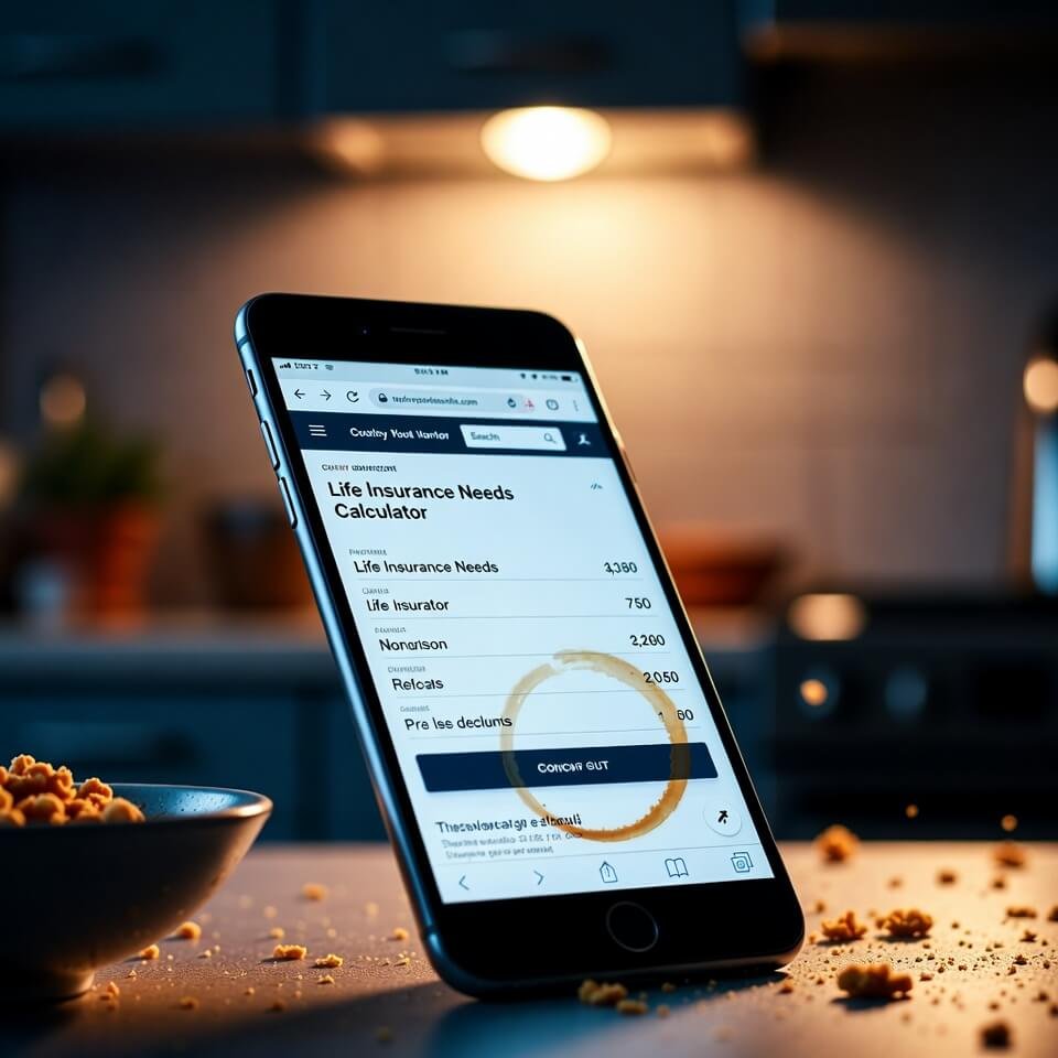 Smartphone showing life insurance calculator on messy kitchen table