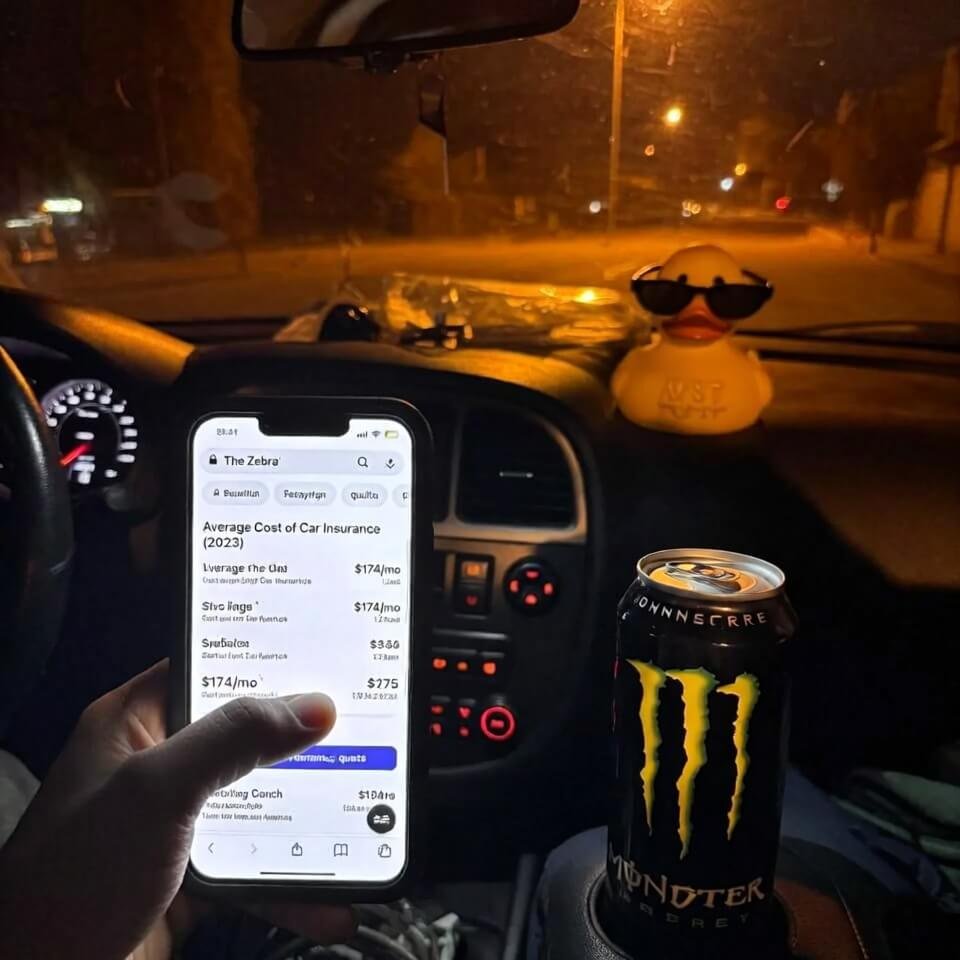 Rubber duck in sunglasses on dashboard with Monster can