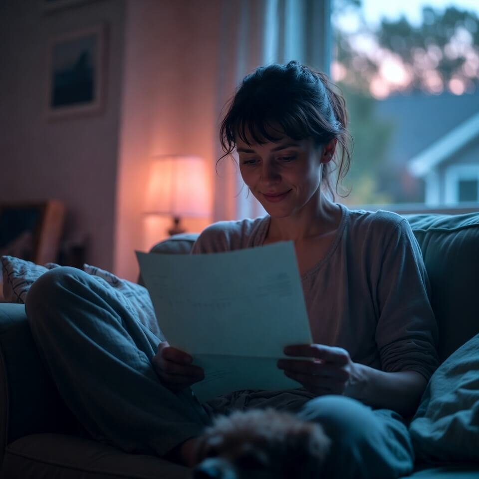 Relaxed person smiling at approved life insurance policy on cozy couch