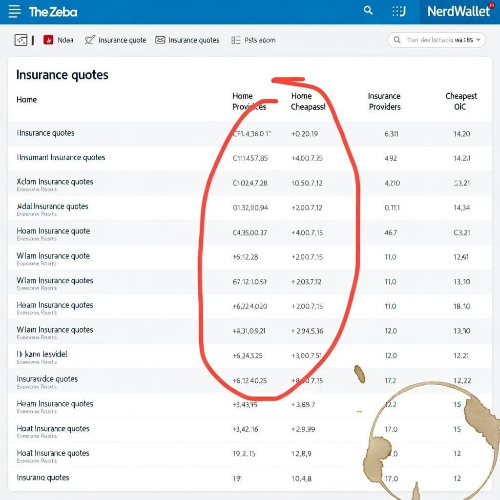Insurance comparison screenshot with red circle around cheapest quote and coffee stain