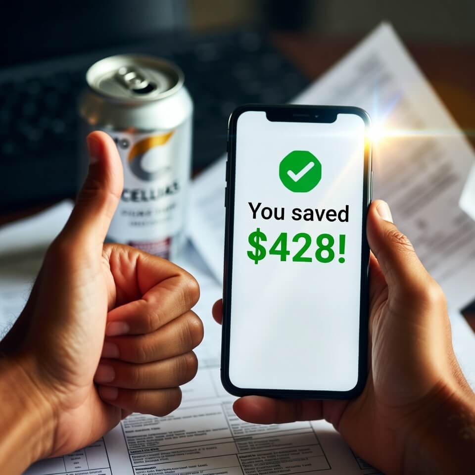 Tired thumbs-up celebrates $428 insurance savings on phone