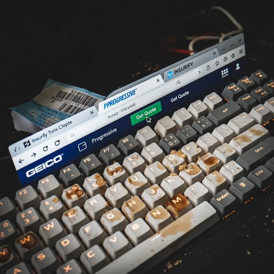 Coffee-stained keyboard with insurance tabs and parking ticket